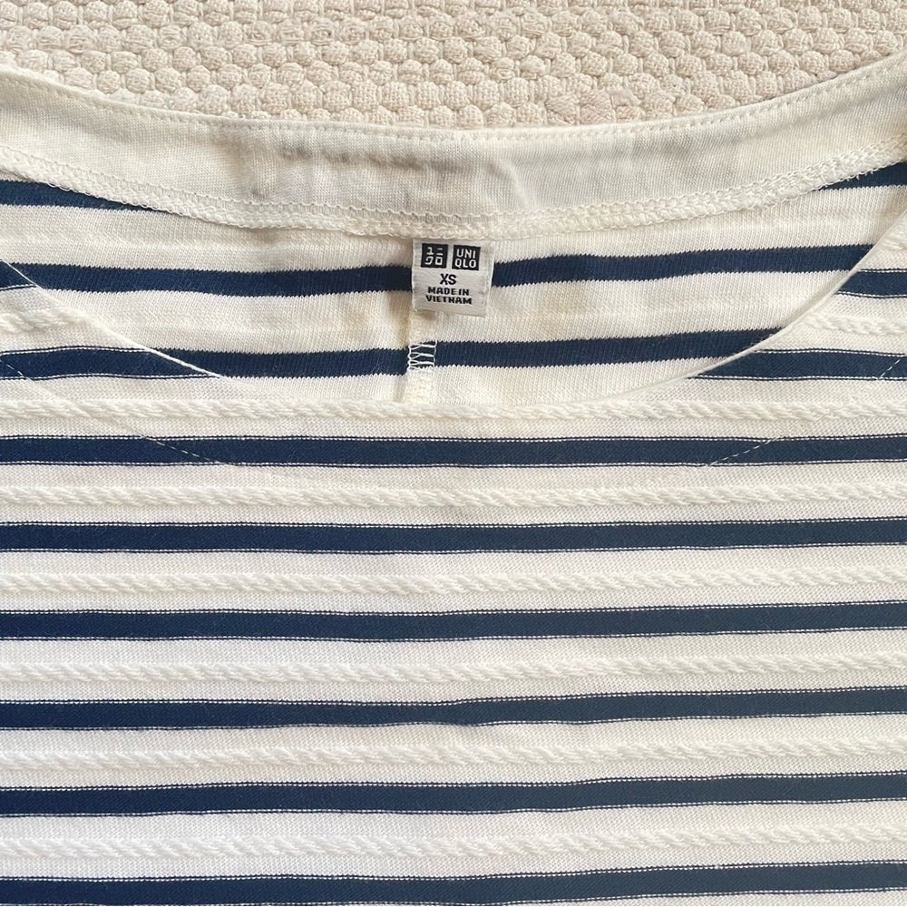 Uniqlo A-Line White Navy Striped Cotton Crew Neck Short Sleeves Shift Dress XS - Picture 2 of 7